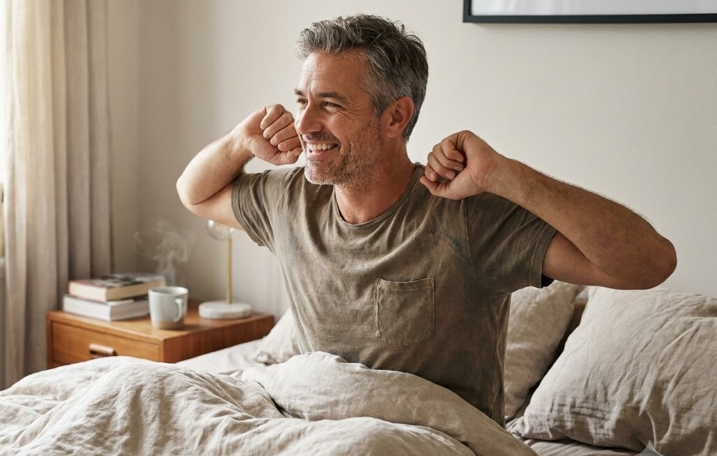 Man waking up refreshed and energetic in the morning