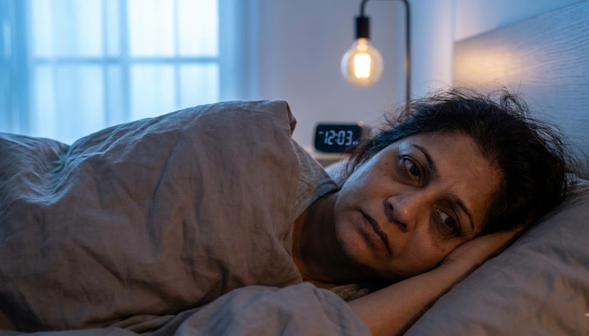 Woman lying awake in bed at night, unable to sleep