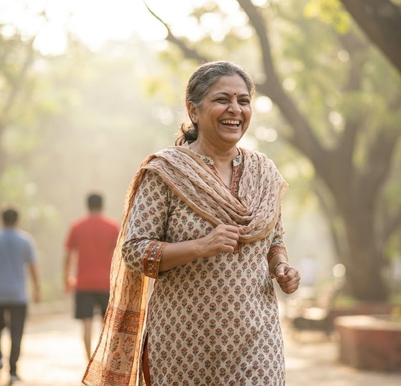 Woman walking happily in a sunlit park